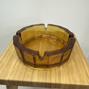 Vintage Glass Ashtray Mid Century Blenko Honey Amber Gold Pebbled Thick Gorgeous
